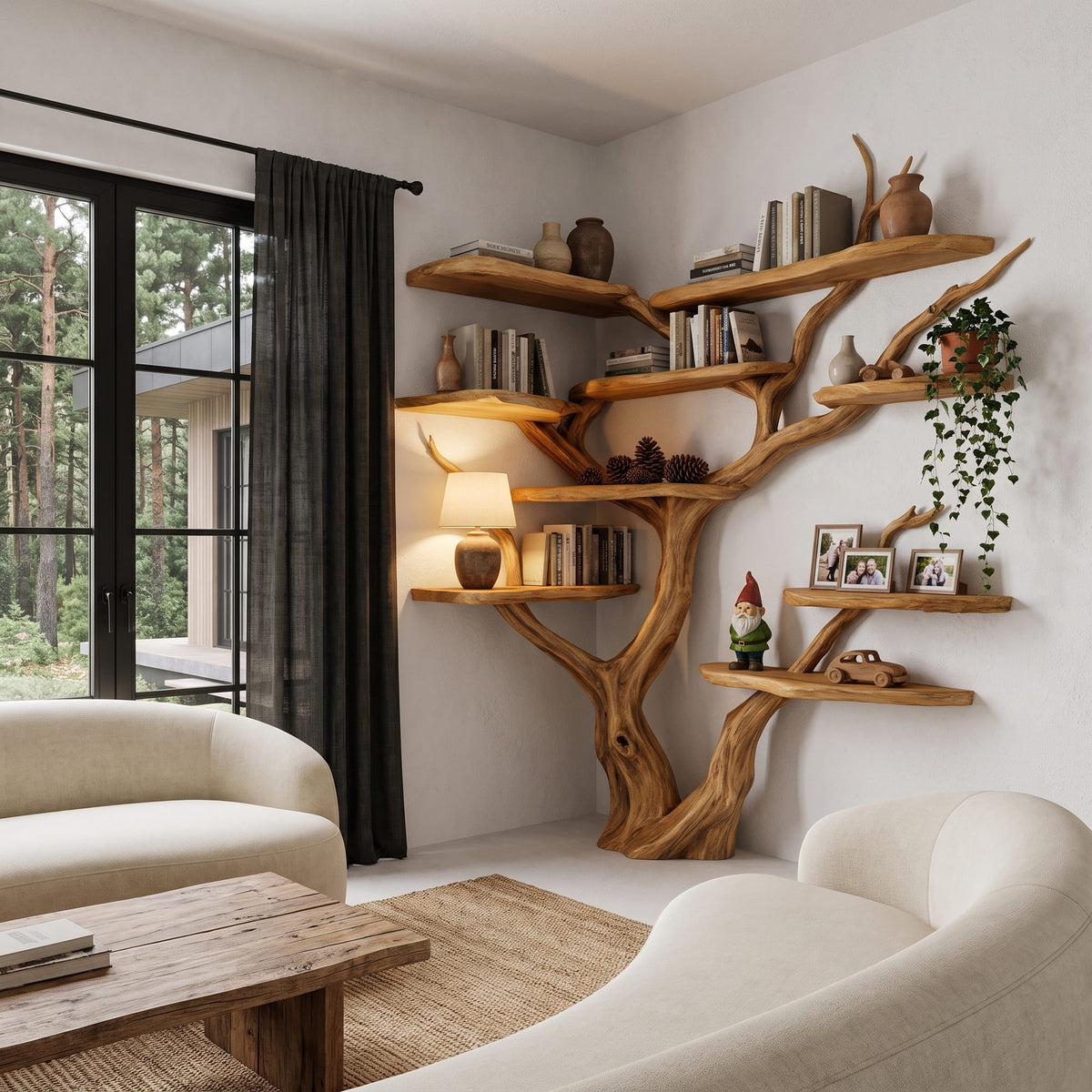 Contemporary Tree Bookshelf with Corner Branch Design, solid wood, built to order