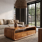 Mid Century Coffee Table with Rounded Frame Storage, solid wood, built to order