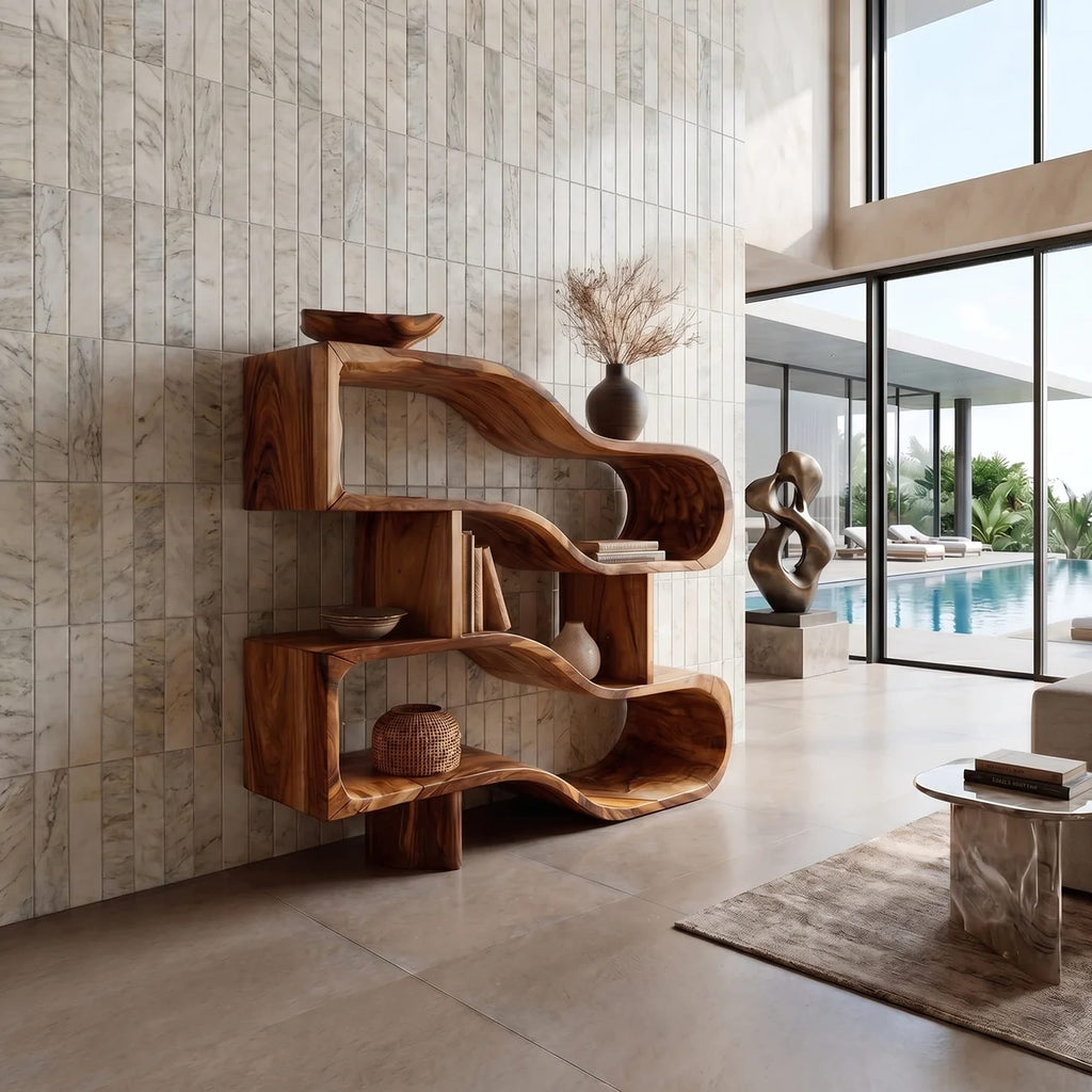 Modern Architectural Display Shelf with Floating Curves, solid wood, built to order