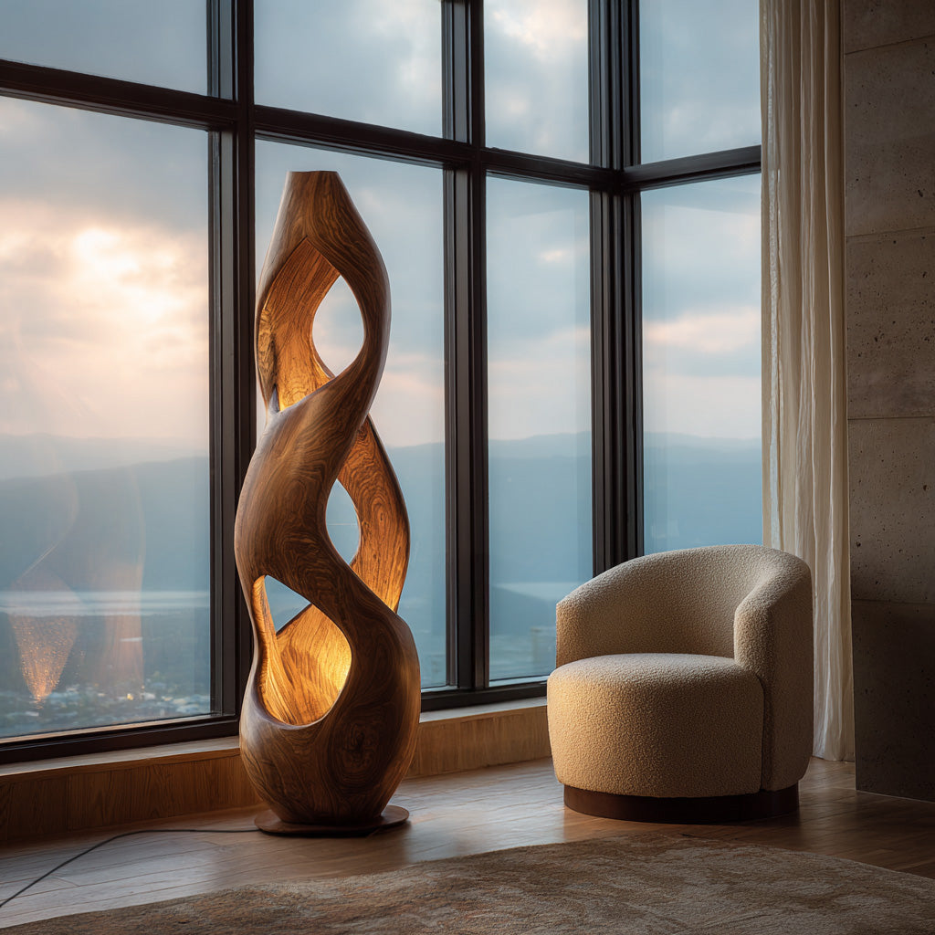 Contemporary Twisted Floor Lamp with Sculptural Hollow, solid wood, built to order, view 3