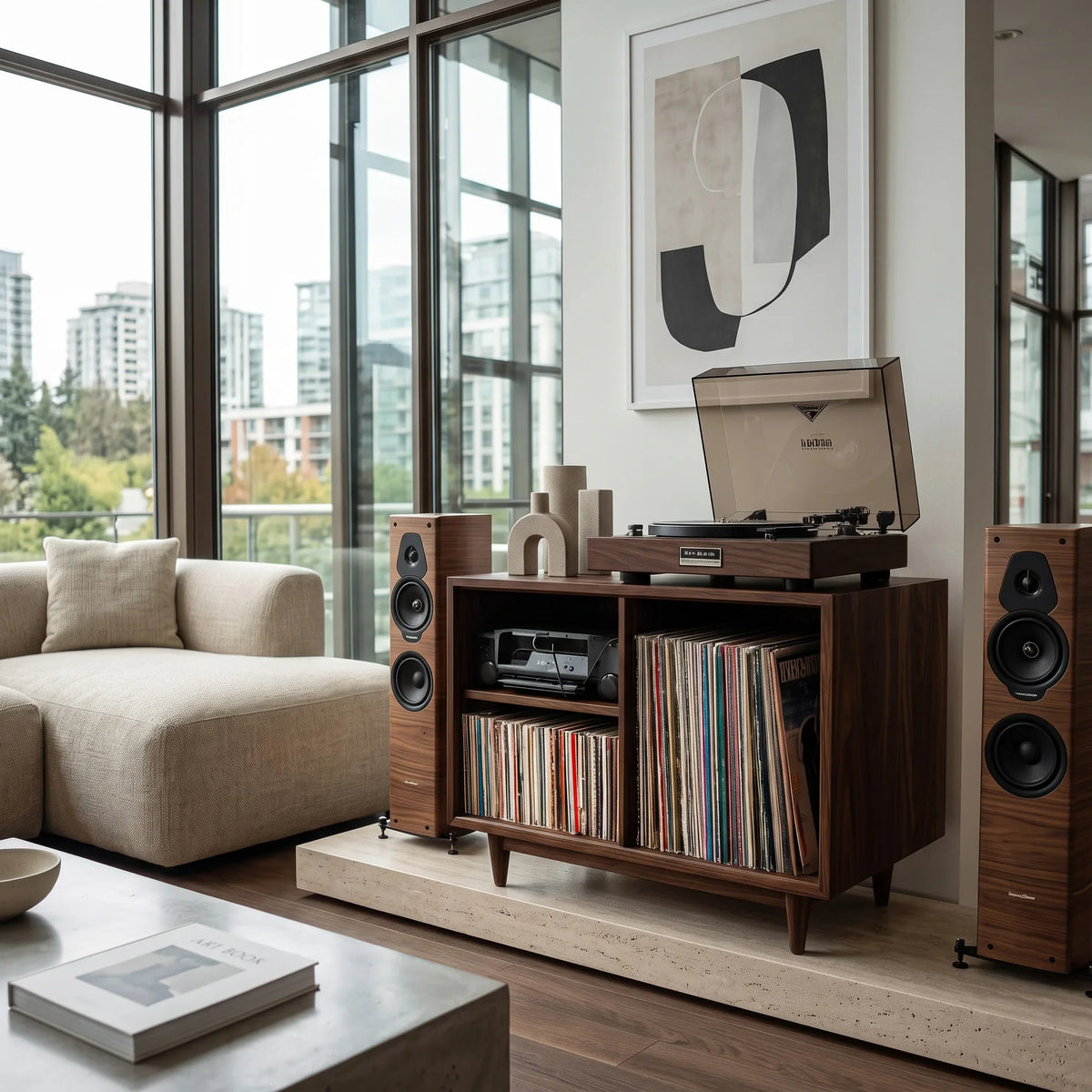 Minimalist Record Player Cabinet with Three Open Shelves, solid wood, built to order, view 3
