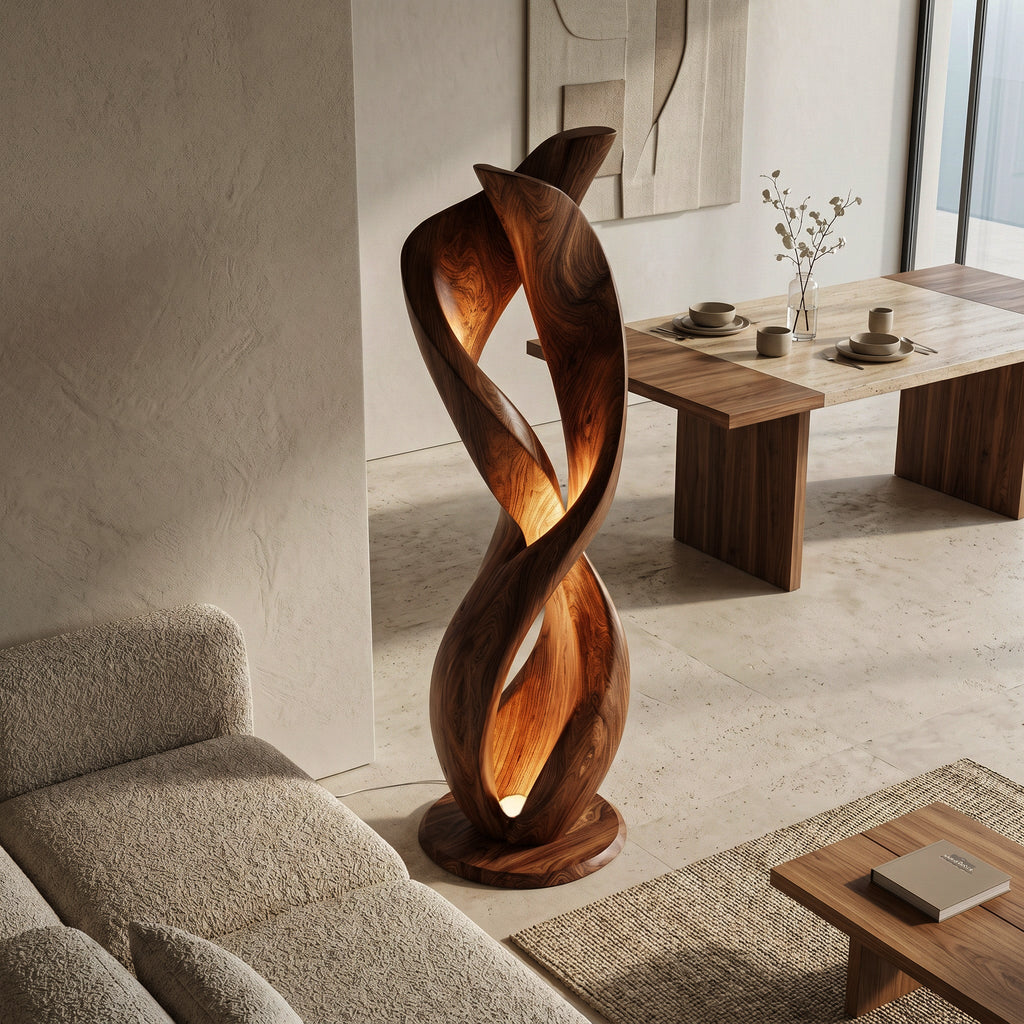 Twisted Floor Lamp with Sculptural Form, solid wood, built to order, view 3