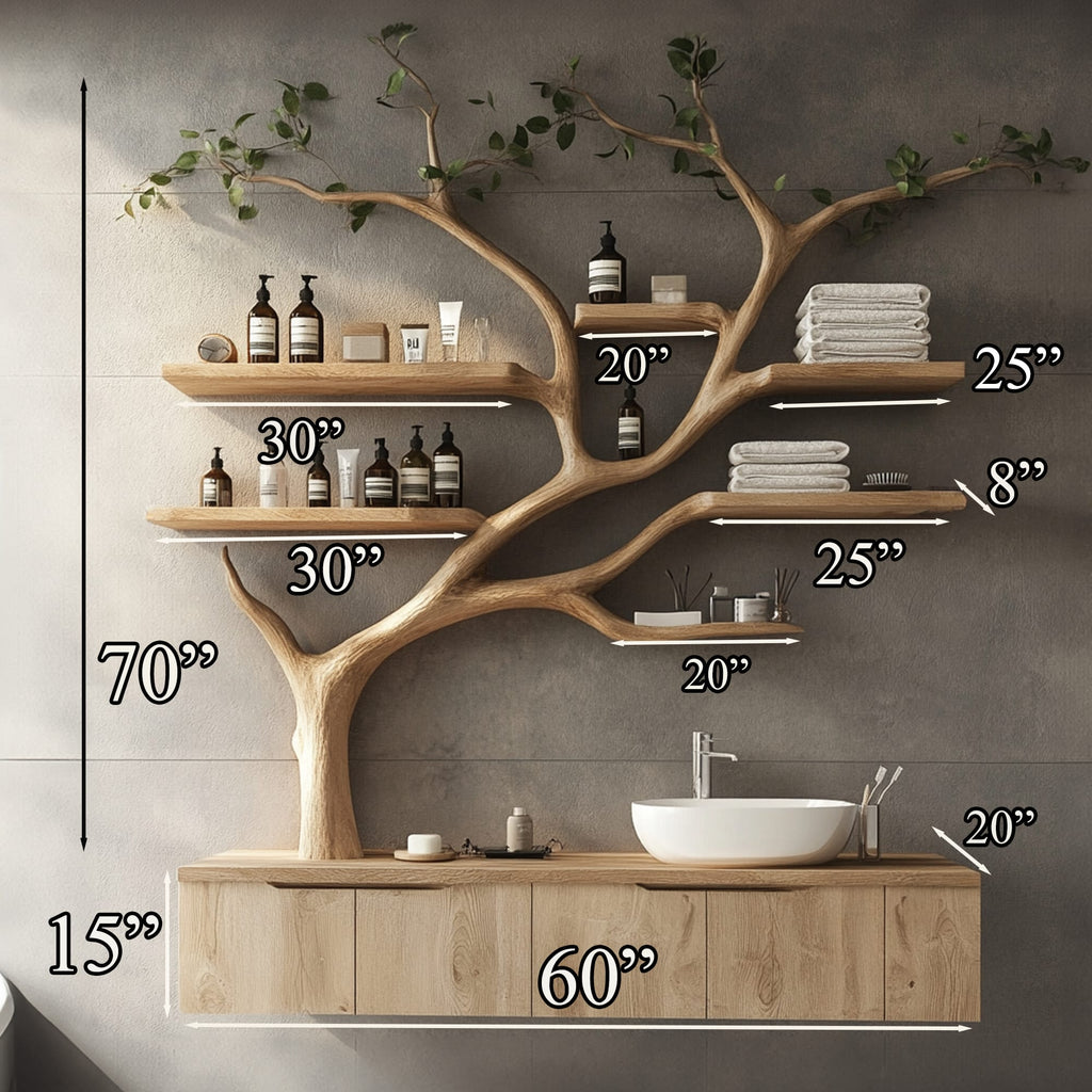Tree Branches Rustic Bathroom Vanity with Sink Floating Shelves, solid wood, built to order