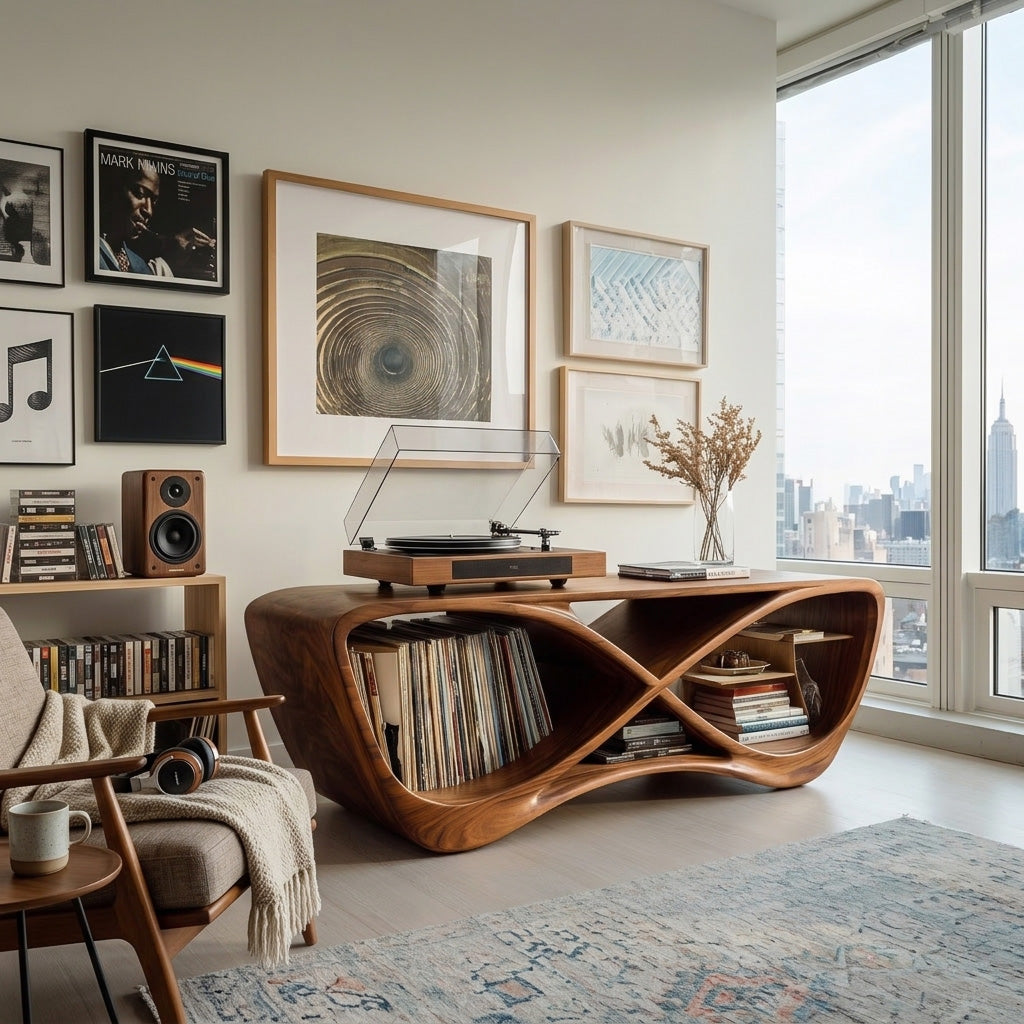 Contemporary Curved Record Player Console, solid wood, built to order, view 3