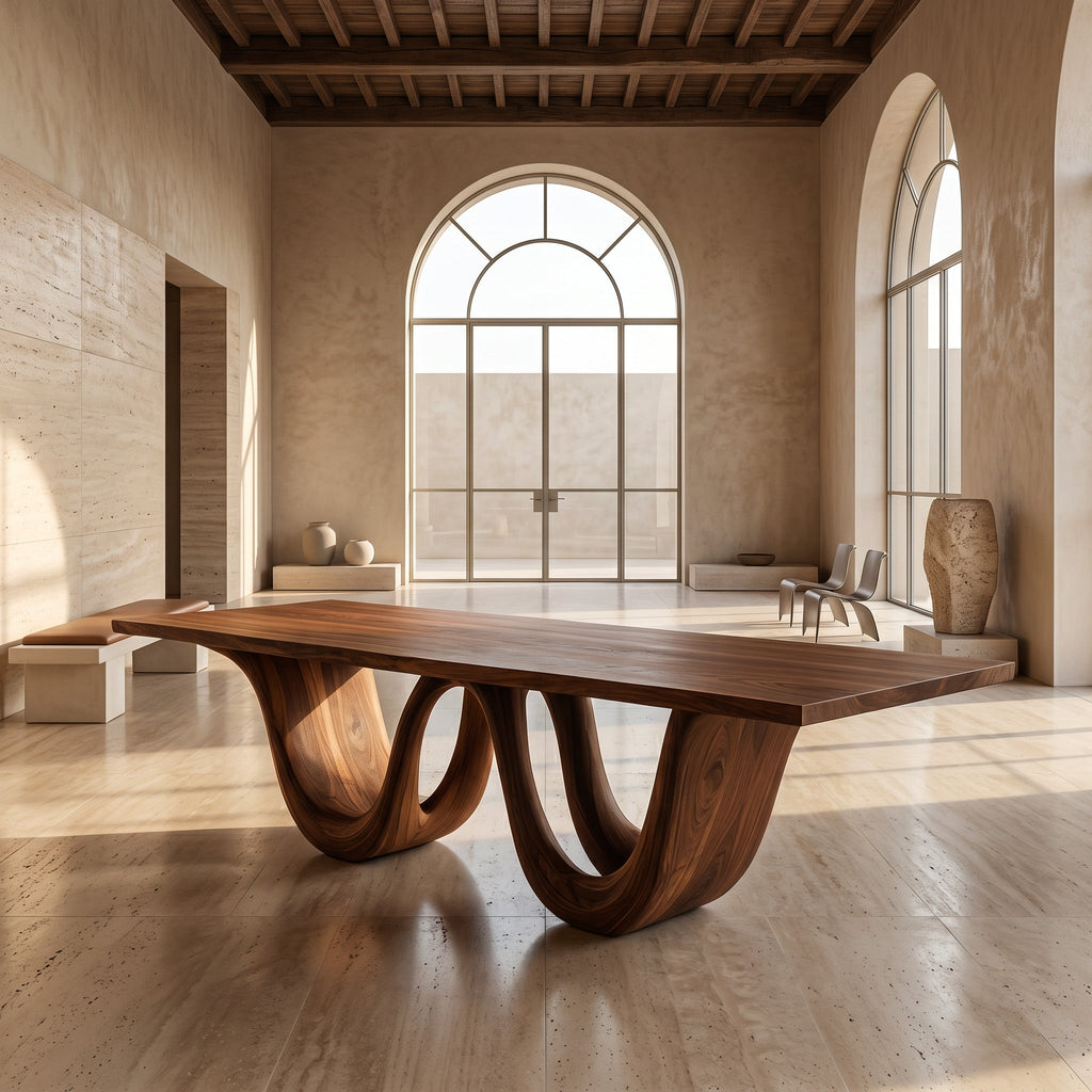 Contemporary Two Wavy Legs Dining Table, solid wood, built to order