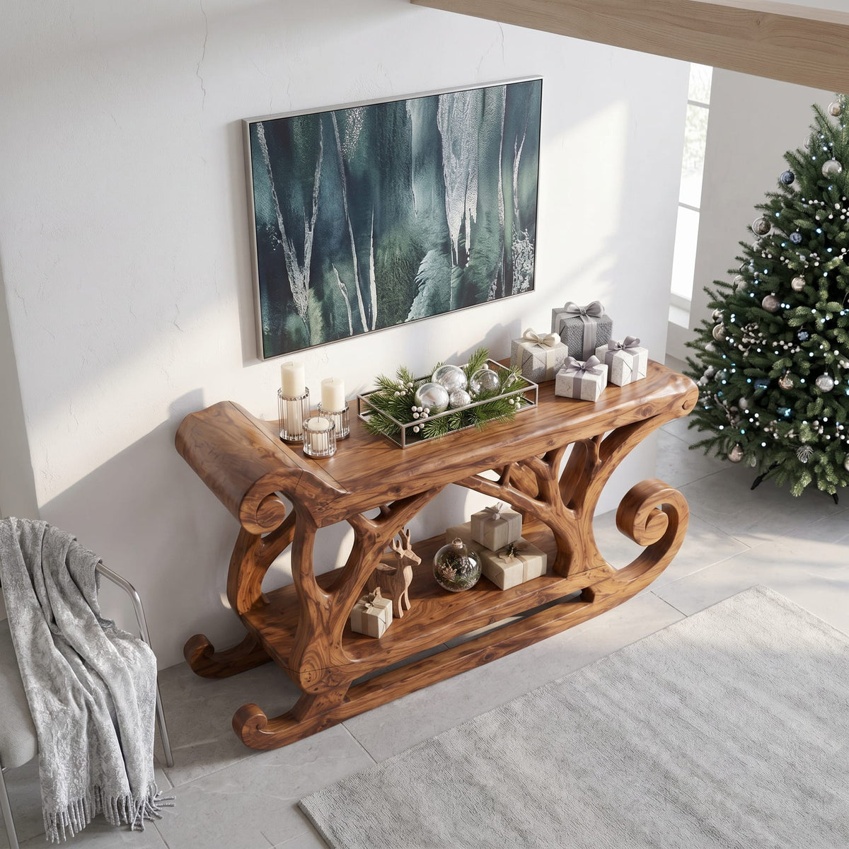 Rustic Console Table with Reindeer Sleigh Design, solid wood, built to order