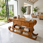 Rustic Console Table with Sleigh Inspired Scroll Design, solid wood, built to order