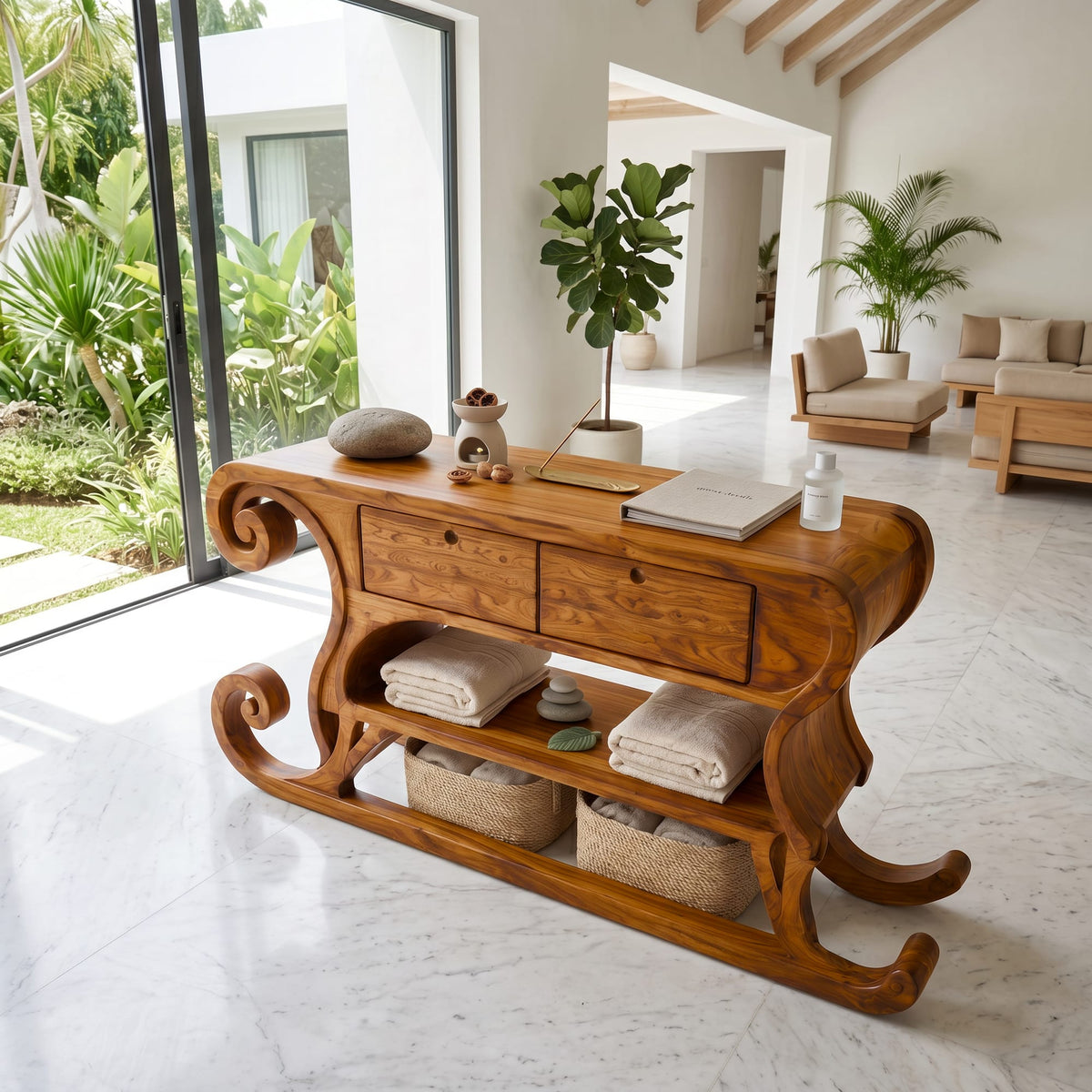 Rustic Console Table with Sleigh Inspired Scroll Design, solid wood, built to order
