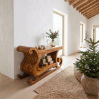 Rustic Console Table with Carved Sleigh Design, solid wood, built to order