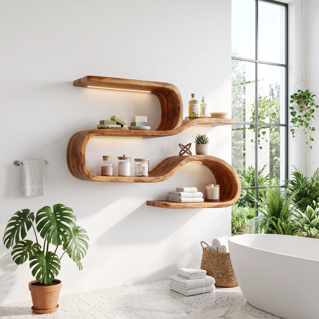 Mid Century Curved Wood Shelves for Coffee Bar, solid wood, built to order