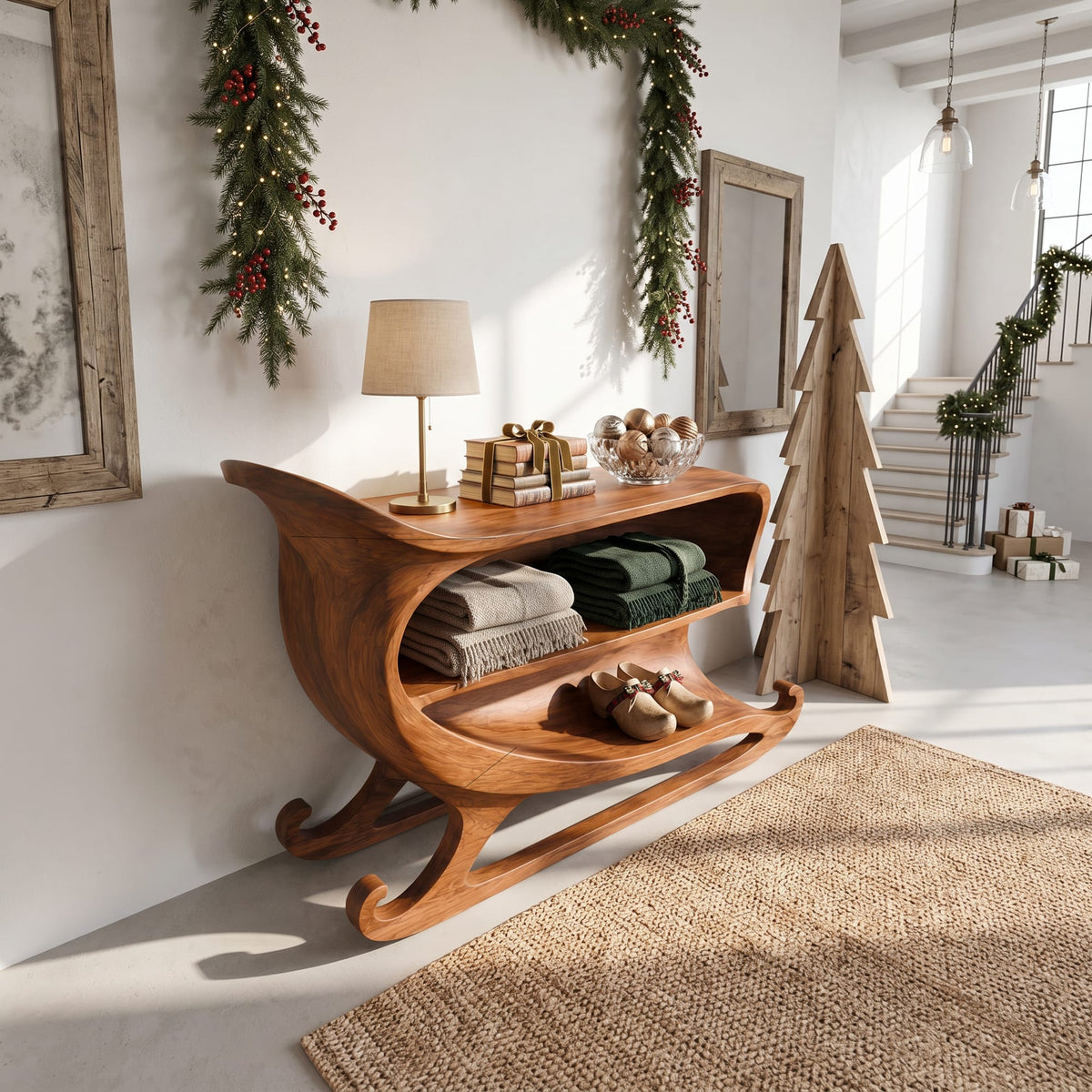 Farmhouse Console Table with Sleigh Inspired Scroll Design, solid wood, built to order