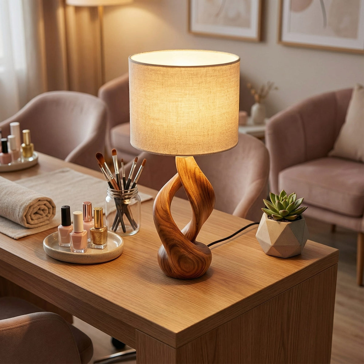 Boho Accent Table Lamp Bedroom Living Room Corner Space, solid wood, built to order