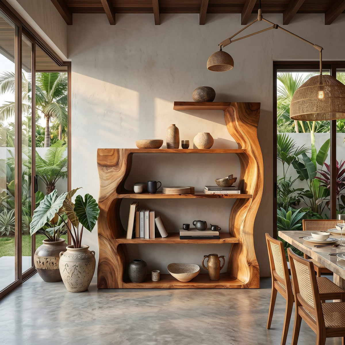 Organic Modern Bookshelf with Asymmetrical Curved Profile, solid wood, built to order