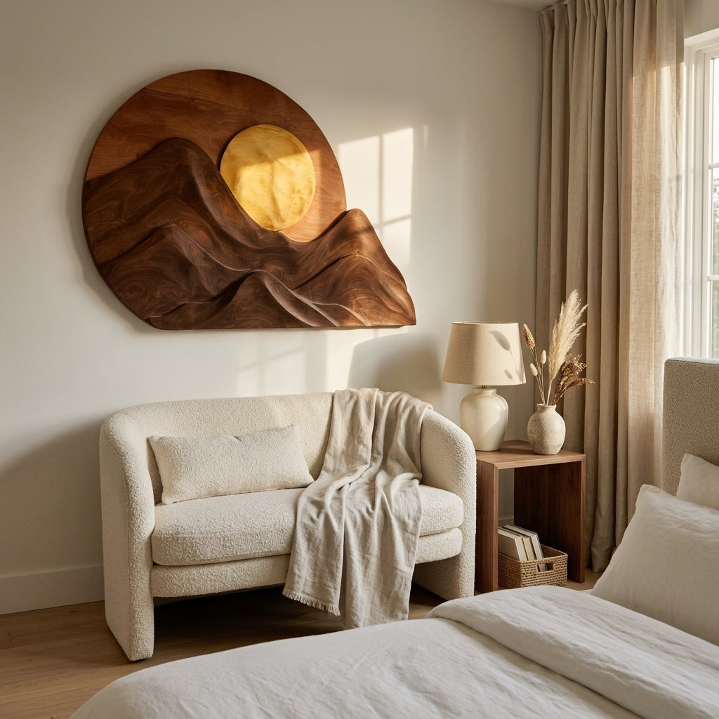 Handcrafted Mountain Sun Wall Art, solid wood, built to order