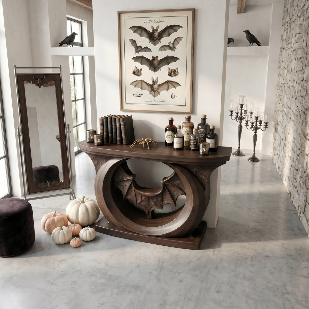 Contemporary Console Table with Sculptural Bat Design, solid wood, built to order