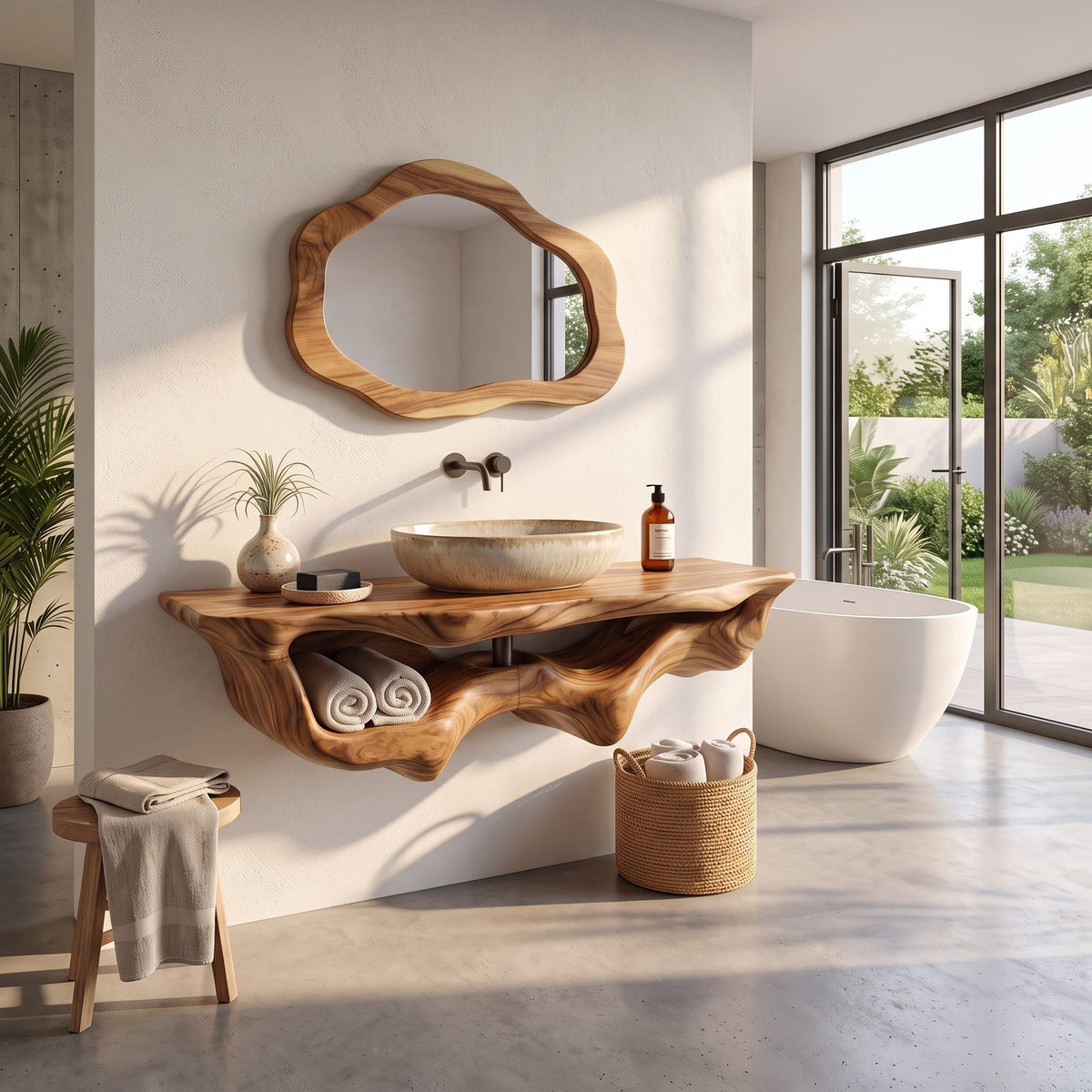 Mid Century Live Edge Floating Vanity Bathroom Decor, solid wood, built to order