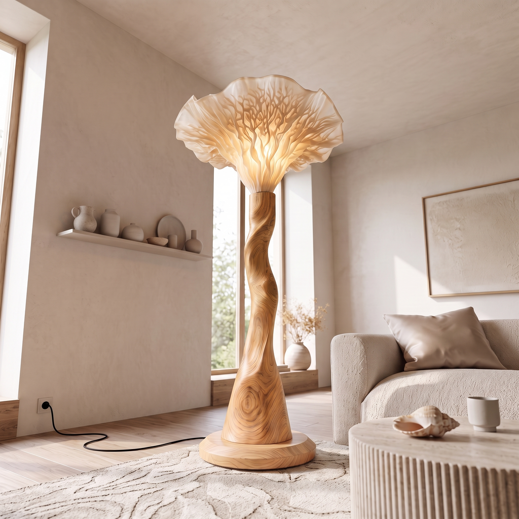 Modern Floor Lamp Organic Mushroom Design Living Room, solid wood, built to order, view 2