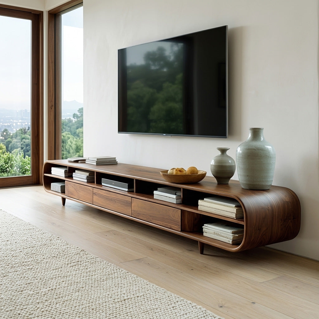 Mid Century Wooden TV Cabinet with Multiple Compartments, solid wood, built to order