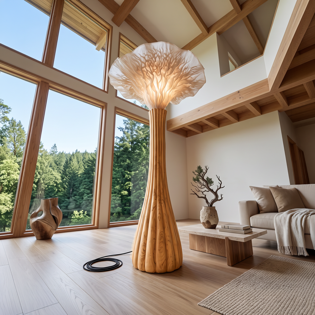 Japandi Floor Lamp Sculptural Mushroom Form Bedroom, solid wood, built to order, view 2