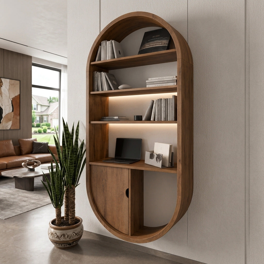 Arched Wooden Wall Bookshelf with Cabinet & Lighting, solid wood, built to order, view 3