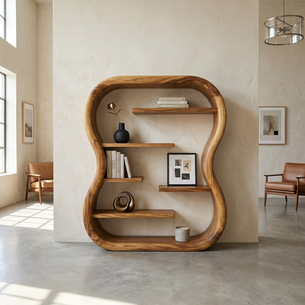 Contemporary Organic Bookshelf with Curved Frame, solid wood, built to order