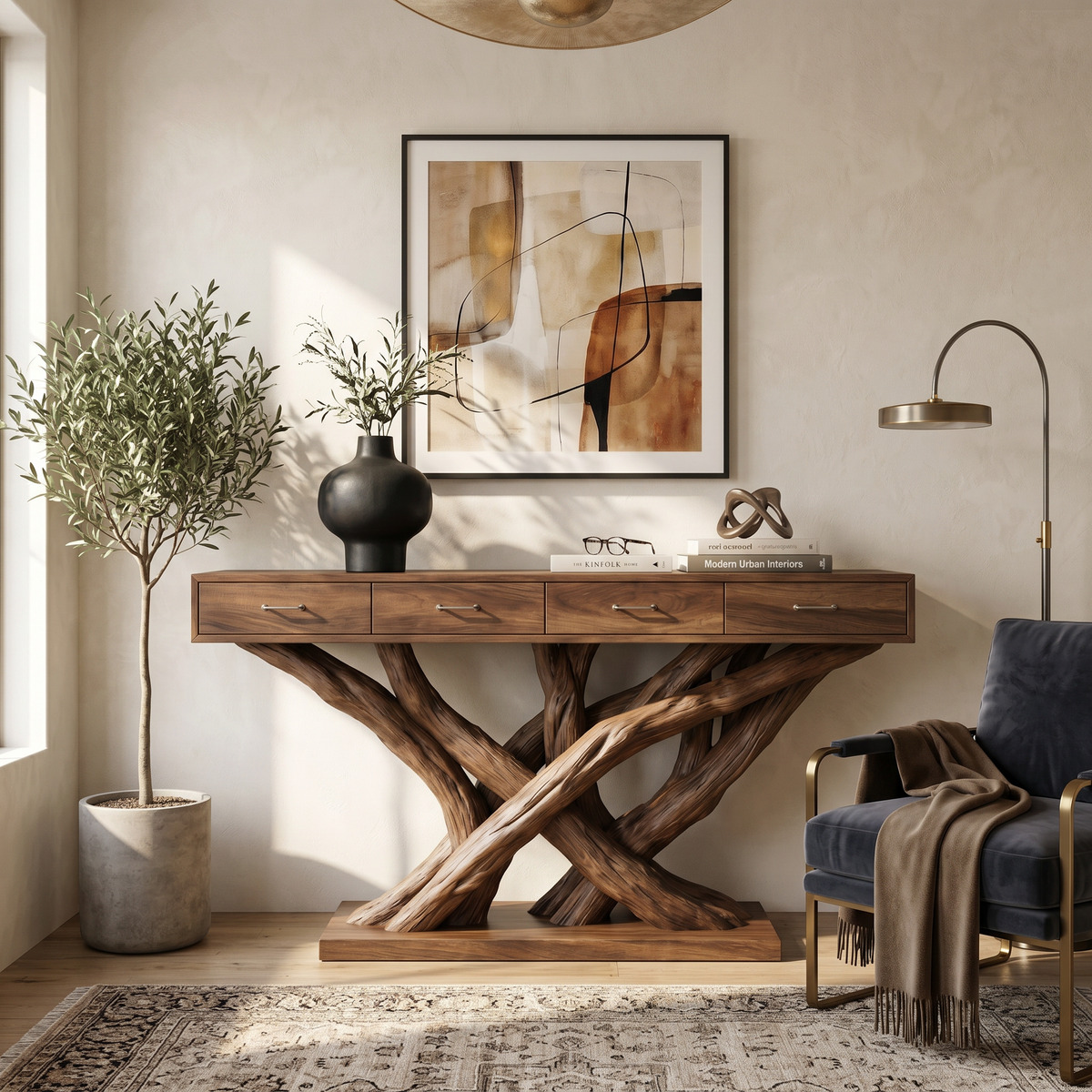 Organic Modern Twisted Root Console Table Entryway, solid wood, built to order, view 3