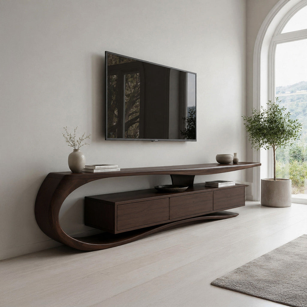 Minimalist Curved TV Console, solid wood, built to order, view 3
