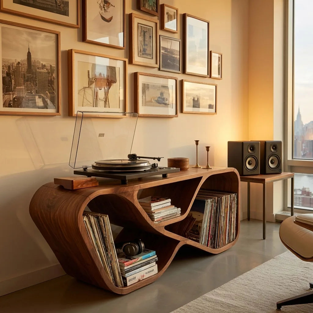 Organic Record Player Cabinet with Curved Shelving, solid wood, built to order, view 3