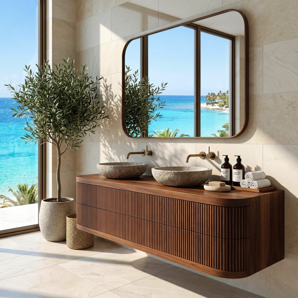 Contemporary Floating Bathroom Vanity with Fluted Front, solid wood, built to order