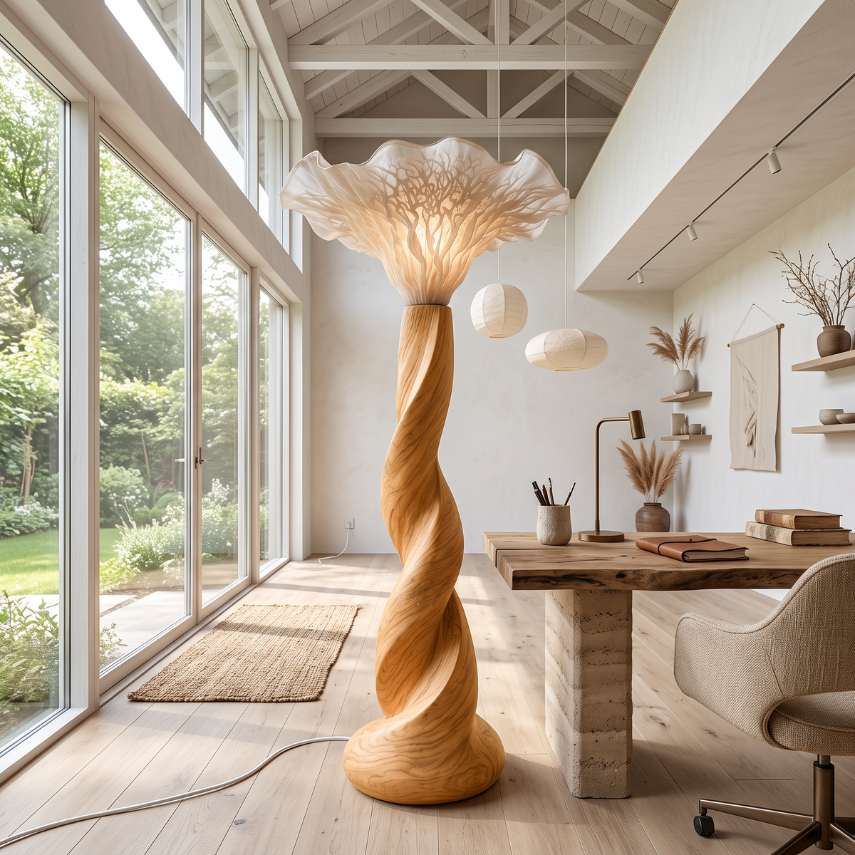 Organic Floor Lamp Blooming Mushroom Shade Lounge, solid wood, built to order, view 3