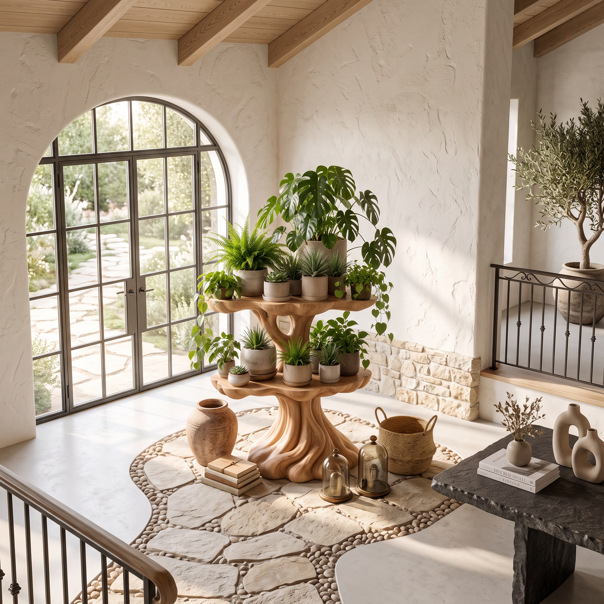 Contemporary Tiered Plant Shelf with Organic Branch Design, solid wood, built to order, view 2