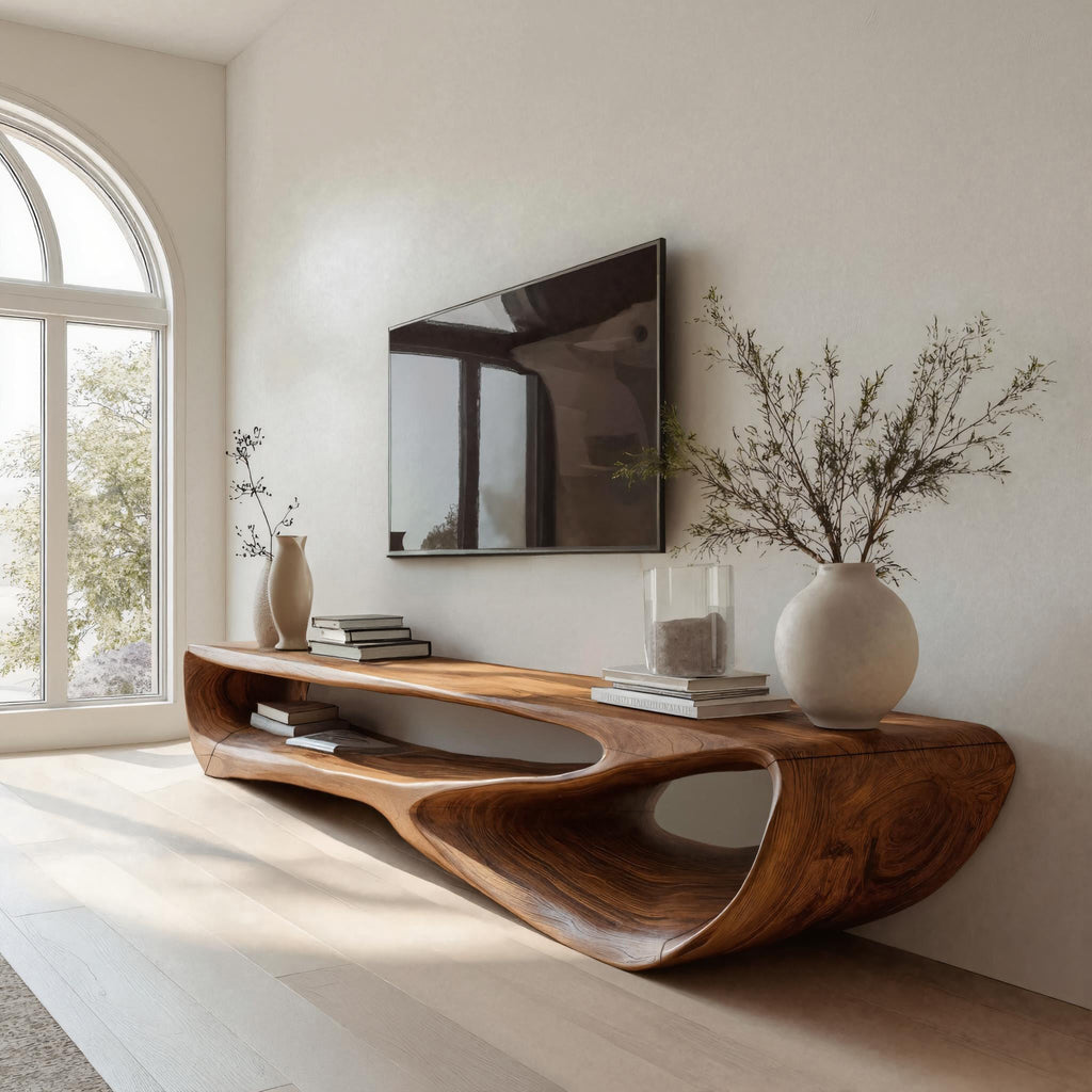 Minimal Curved TV Console, solid wood, built to order, view 2