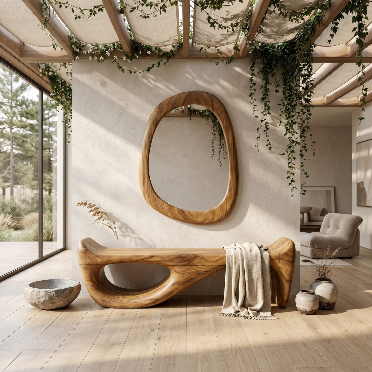 Designer Entryway Bench Organic Modern Home, solid wood, built to order