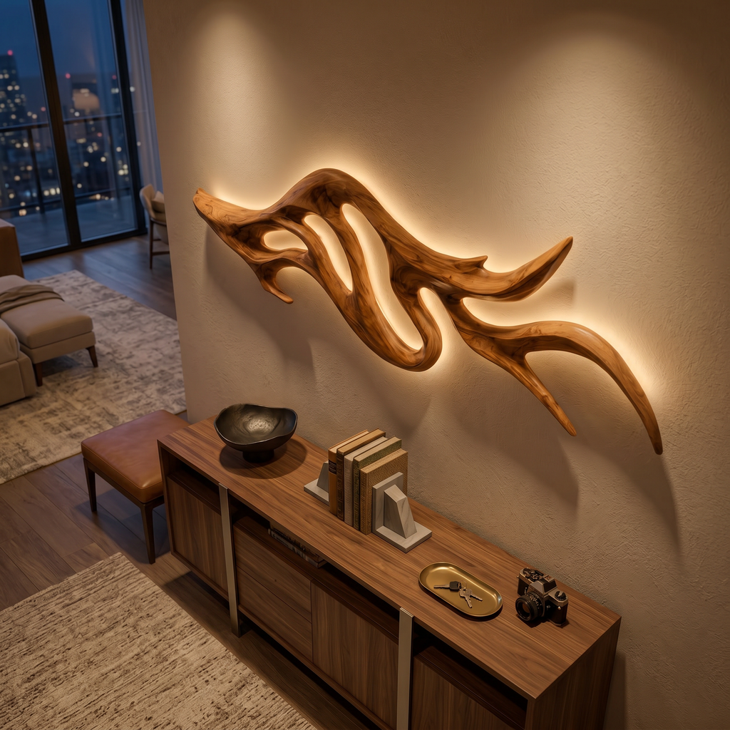 Artistic Wall Light with Sculptural Form, solid wood, built to order, view 3