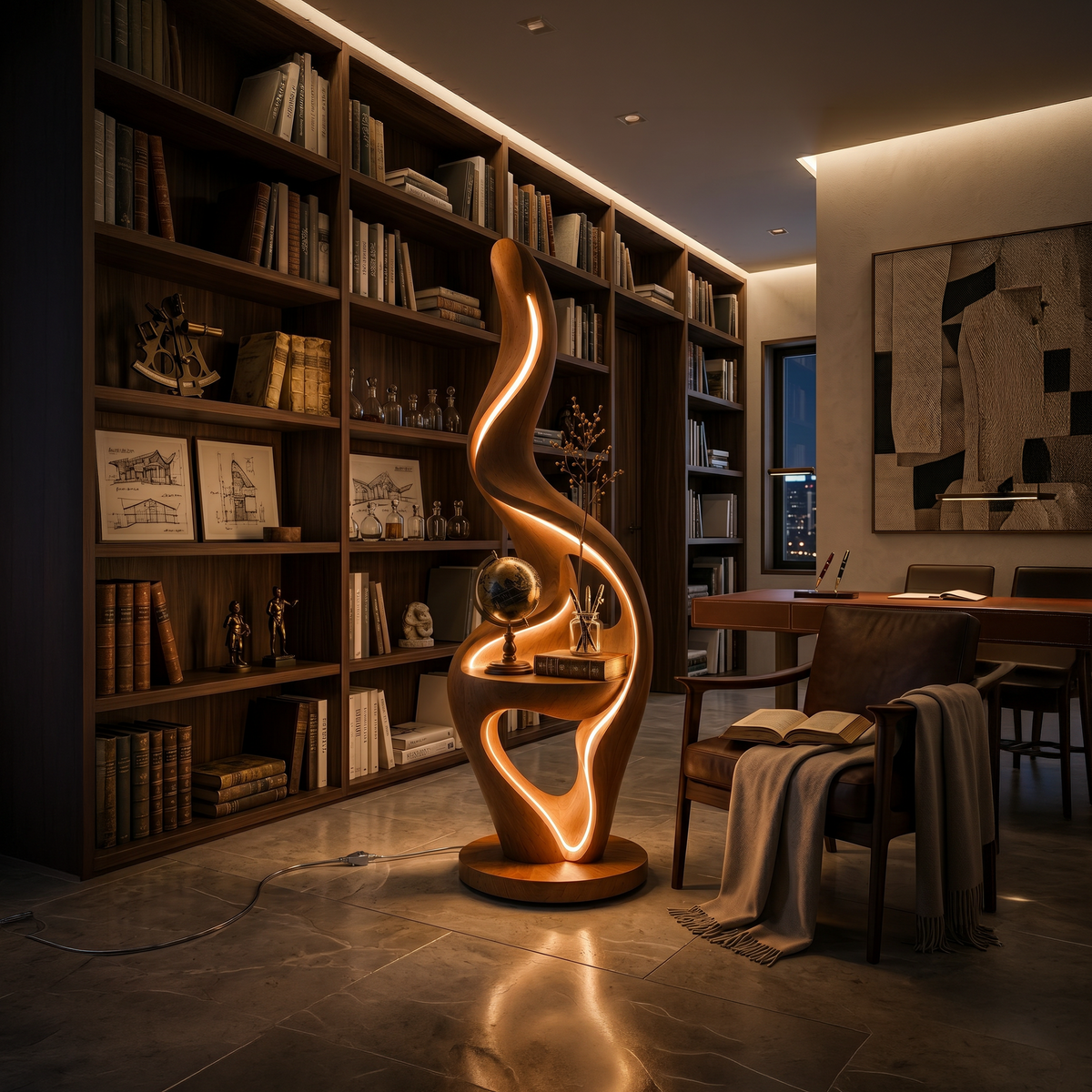 Minimalist Curved Lamp with Table, solid wood, built to order, view 3