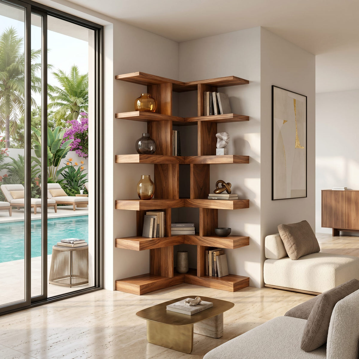 Contemporary Corner Bookcase, solid wood, built to order