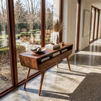 Mid Century Curved Console Table with Drawers, solid wood, built to order