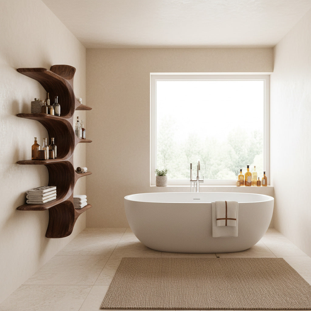 Organic Sculptural Natural Bathroom Shelf for Spa, solid wood, built to order, view 3