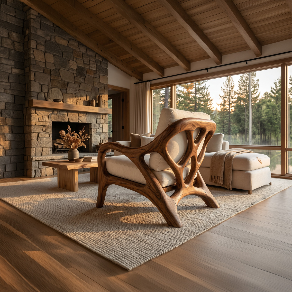 Organic Modern Sculptural Lounge Chair Living Room, solid wood, built to order, view 3