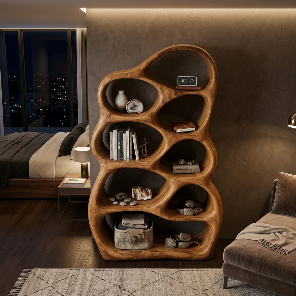 Artistic Sculptural Wood Bookshelf with Multi Tiers for Living Room, solid wood bookcase