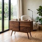 Mid Century Rounded Console Table with Compartments, solid wood, built to order