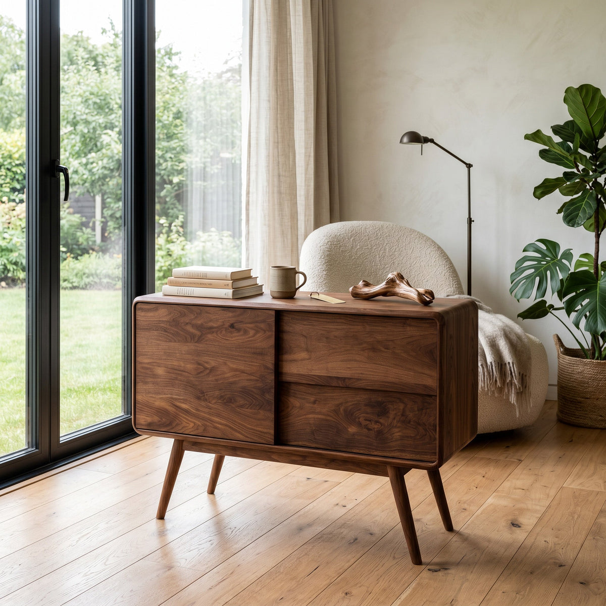 Mid Century Rounded Console Table with Compartments, solid wood, built to order