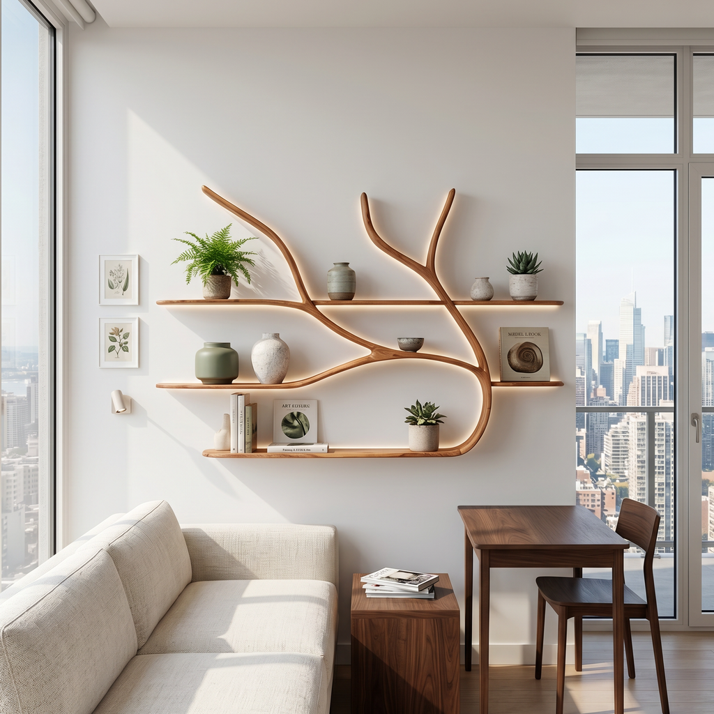 Minimalist Tree Branch Floating Bookshelf, solid wood, built to order, view 3