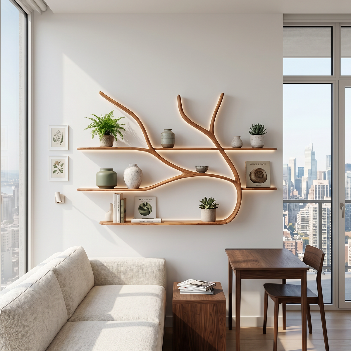 Minimalist Tree Branch Floating Bookshelf, solid wood, built to order, view 3