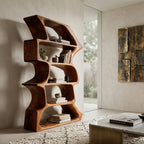 Organic Farmhouse Wooden Curved Bookshelf for Living Room, solid wood bookcase