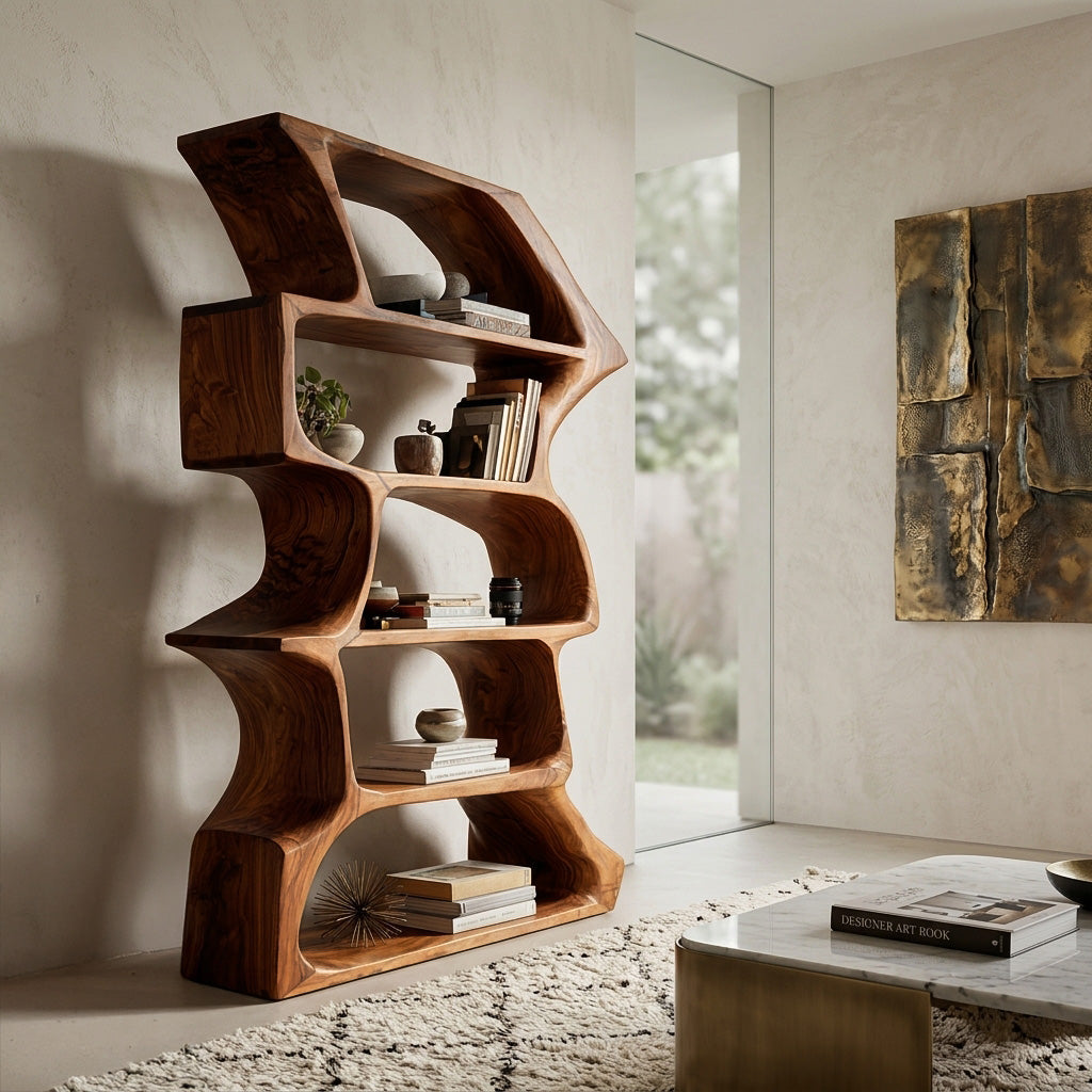 Organic Farmhouse Wooden Curved Bookshelf for Living Room, solid wood bookcase