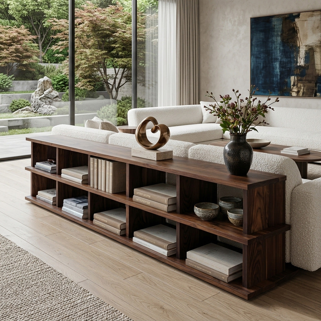 Modern Long Wooden Bookshelf for Living Room Storage, solid wood bookcase