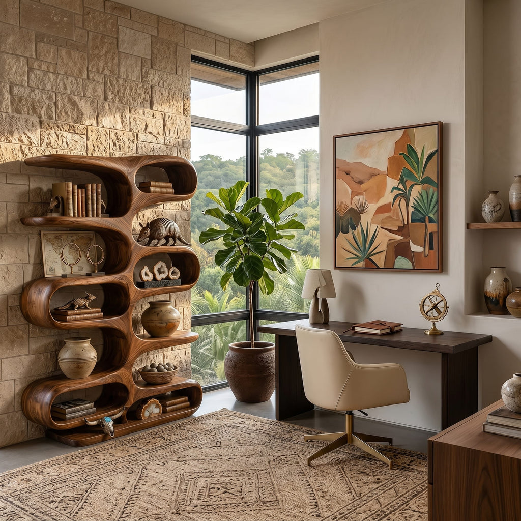 Contemporary Wooden Bookshelf with Sculptural Form for Living Room, solid wood bookcase