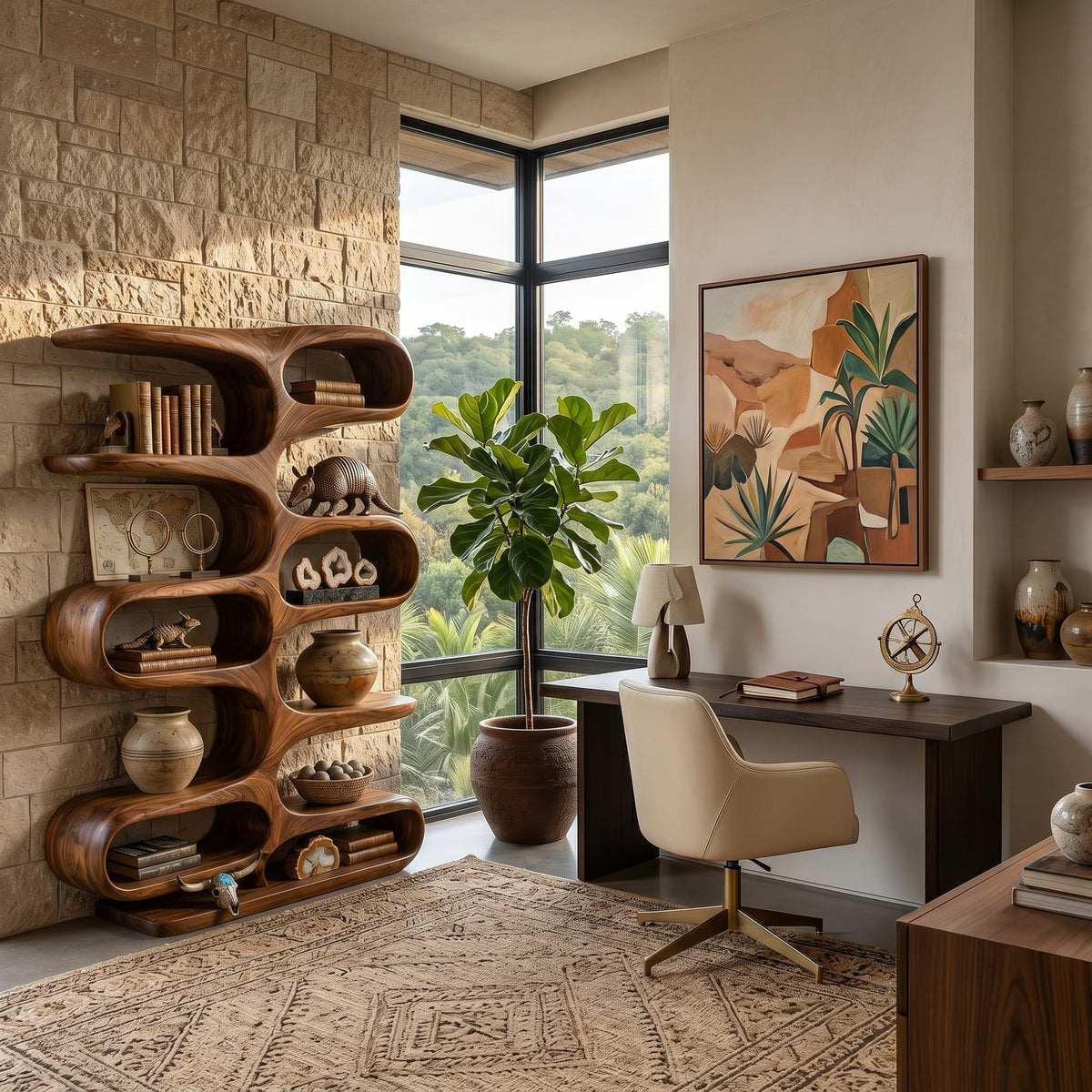 Contemporary Wooden Bookshelf with Sculptural Form for Living Room, solid wood bookcase