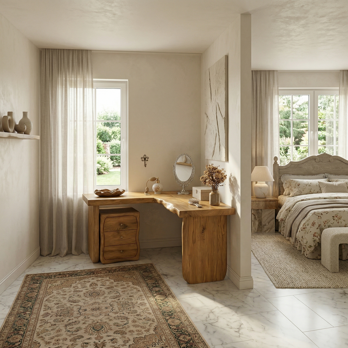 Minimal Organic Vanity Table Makeup Desk Corner L Shape Bedroom and Vanity Area, solid wood, built to order, view 3